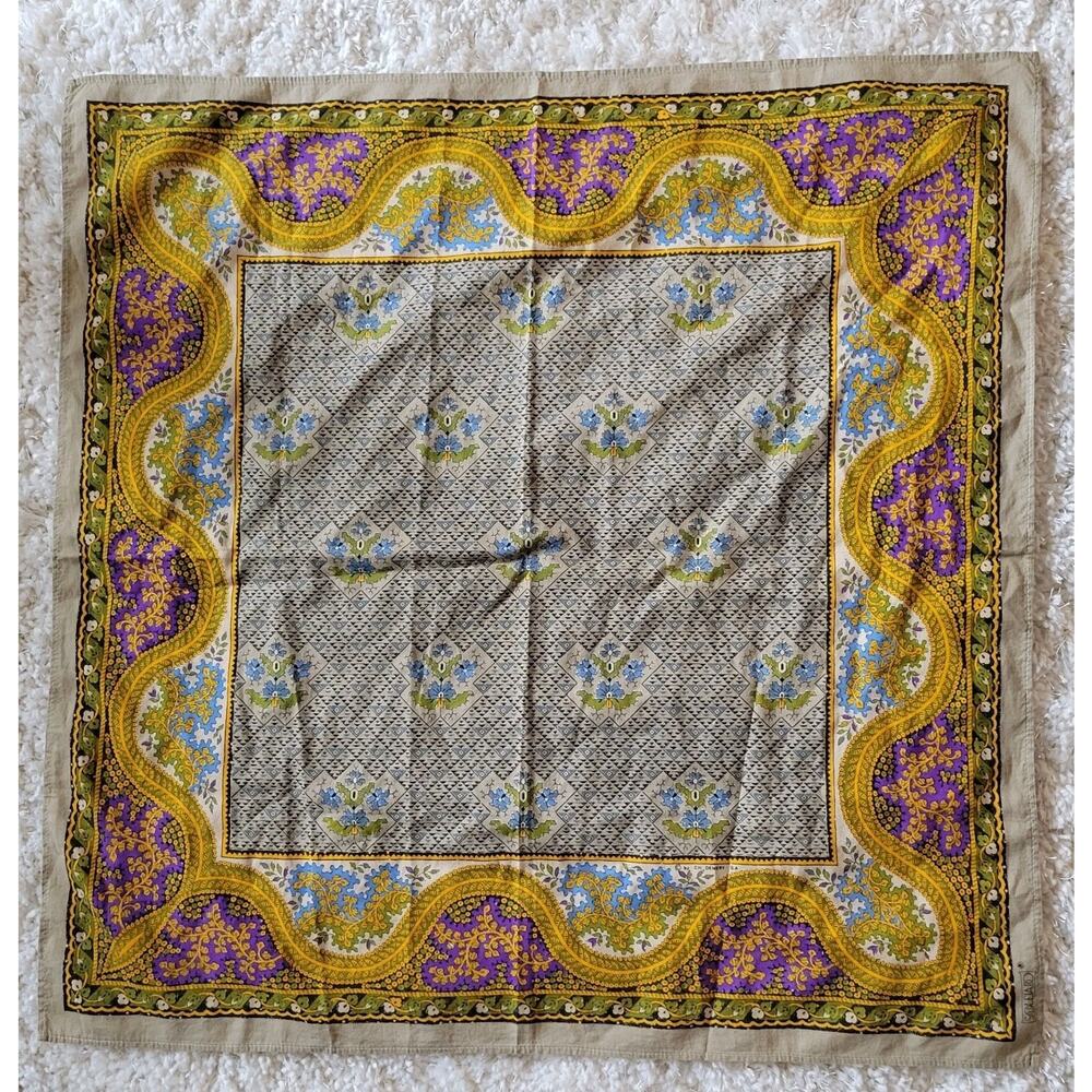 Vintage Souleiado Floral Tan Purple Square Cotton Scarf Bandana